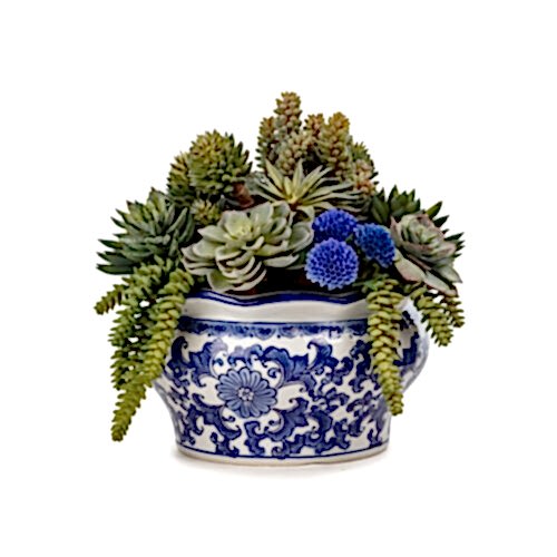 Bleu Blanc Vazo Karışık Sukkulent Aranjman ( 34 CM)