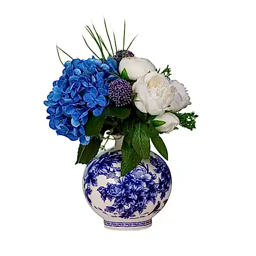 Bleu Blanc Vazoda Islak Dokulu Ortanca Eren gül Karışık Aranjman (30 CM) Bleu Blanc Vazoda Islak Dokulu Ortanca Eren gül Karışık Aranjman (30 CM)