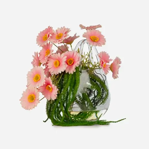 Jelli Cam Çantada Islak Dokulu Pembe Papatya Aranjman (42 CM)
