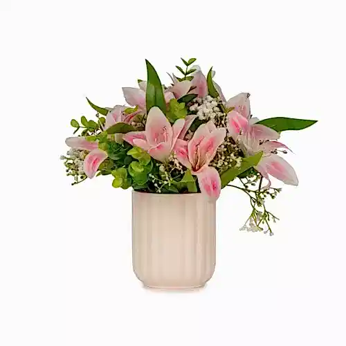 Seramik Vazoda Islak Dokulu Pembe Lilyum Aranjman (30 CM)